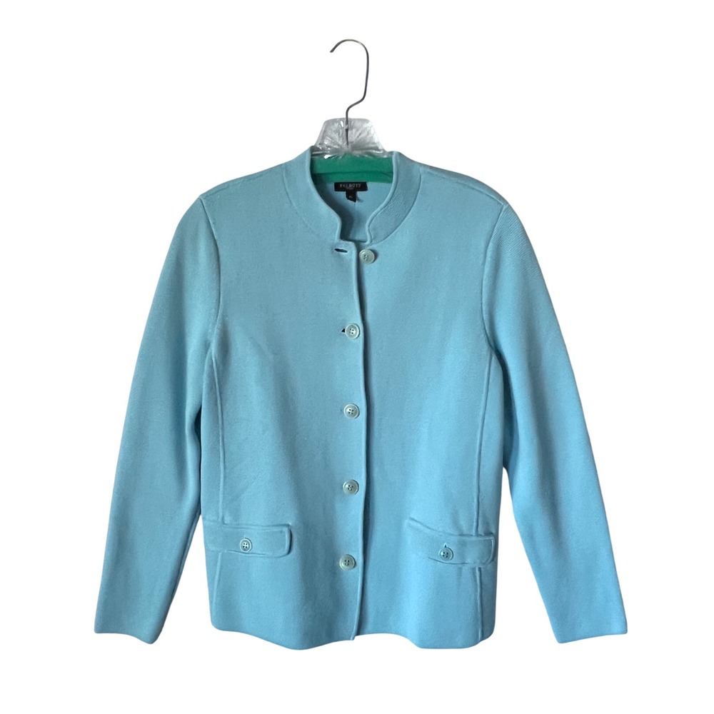 Talbots Petites Pale Blue Green Button Front Mock‎ Neck Cardigan Sweater MP